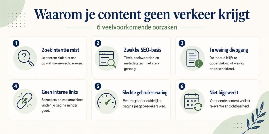 Infographic met redenen waarom content geen verkeer krijgt en tips voor verbetering van zichtbaarheid