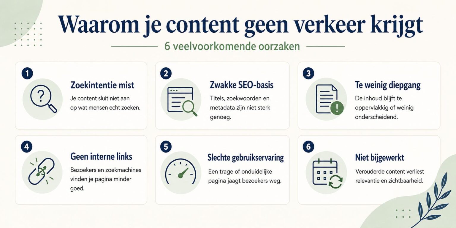 Infographic met redenen waarom content geen verkeer krijgt en tips voor verbetering van zichtbaarheid