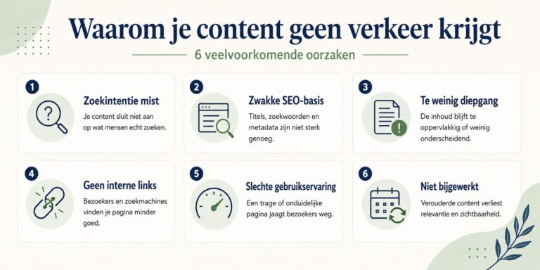 Infographic met redenen waarom content geen verkeer krijgt en tips voor verbetering van zichtbaarheid